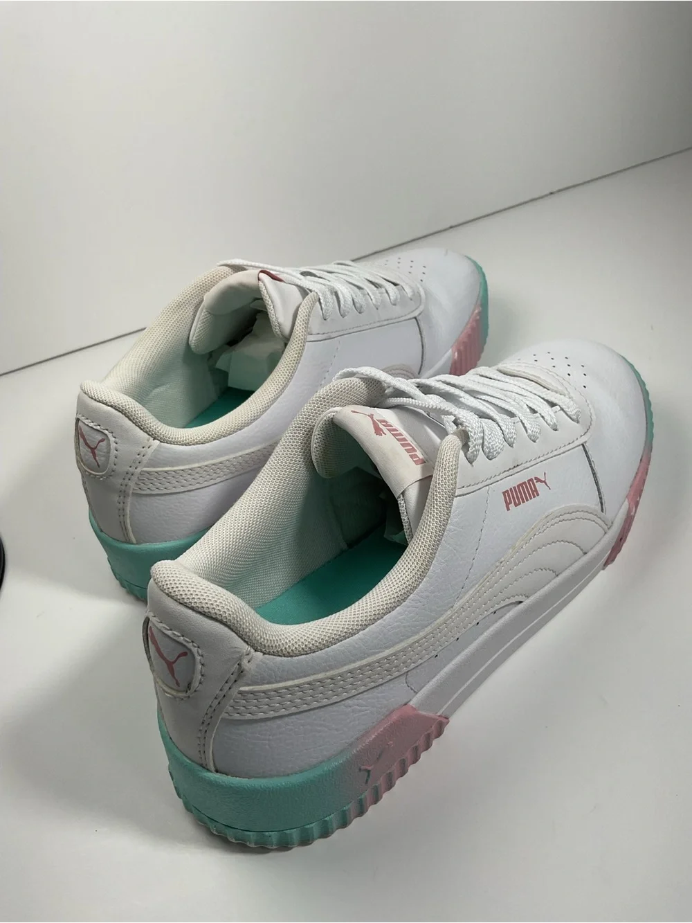 Puma Carina 2.0 White Pink Mint Leather Sneakers Women’s Size 8 Casual Shoes